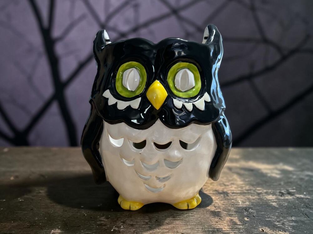 Blue Sky Ceramic Black Owl Lantern Candle Holder With Wire Handle Halloween